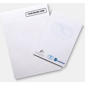 A4 notepad with 50 leaves, featuring lined pages and a logo. Predominantly white with a subtle design.