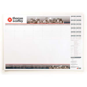 A3 note pad featuring a white background with a logo, structured layout, and grey design elements. It has 50 leaves.