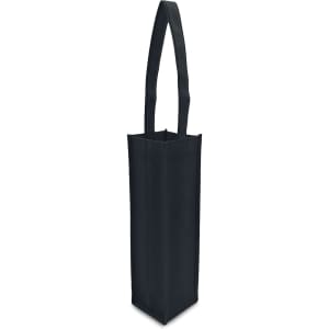 A tall, black non-woven tote bag with a single compartment and a long handle, featuring branding.