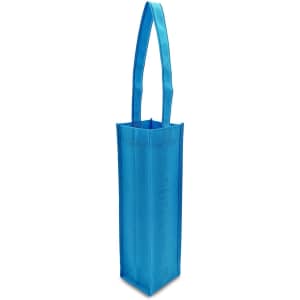 A blue non-woven single wine tote bag with a long handle and a logo.
