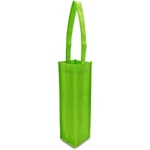 A green non-woven tote bag designed to hold a single wine bottle, featuring sturdy handles and a logo.