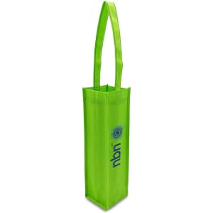 A green non-woven single wine tote bag with long handles and a logo.