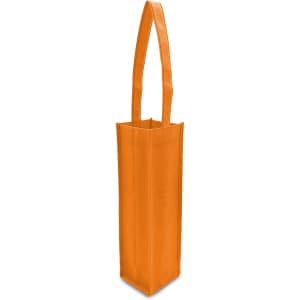 An orange non-woven single wine tote bag with a long handle and a rectangular shape. It features a logo.