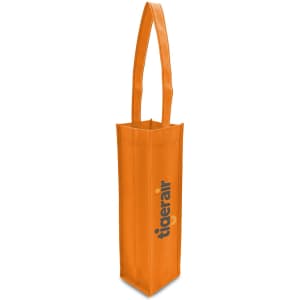 An orange non-woven single wine tote bag with a long handle and a logo.