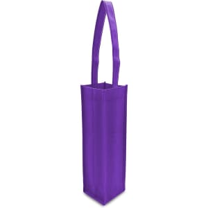 A purple non-woven single wine tote bag with a long handle and an interior designed for carrying a wine bottle.