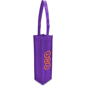 A purple non-woven single wine tote bag with long handles and a logo on the side.