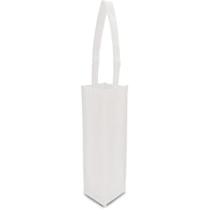 A white non-woven single wine tote bag with a long handle and a simple design. It features a logo.