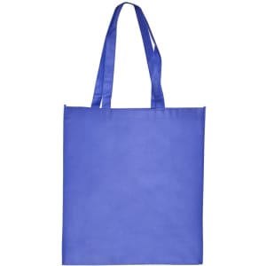 A large blue shopping tote bag with gusset and long, flat handles; features a logo.