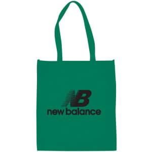 A green large shopping tote bag with a gusset and a logo printed on the front.