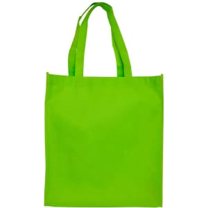 A large green shopping tote bag with gusset and two sturdy handles, featuring a branding logo.