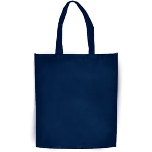 A large navy blue shopping tote bag with gusset and two sturdy handles, featuring a logo.