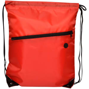 A red drawstring bag featuring a zippered pocket and black cords for closure. It has a logo on the front.