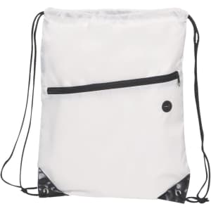 A white drawstring bag with a zippered front pocket and black accents, featuring a logo.