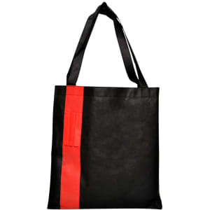 A black tote bag featuring a red stripe, with long black handles and an additional pocket detail.