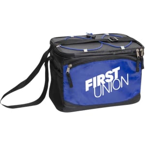 A blue cooler bag featuring a shoulder strap, with zippers and a front pocket. It has a logo on the side.