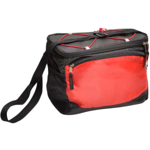 A black and red cooler bag with a shoulder strap and a front pocket, designed to hold six cans.
