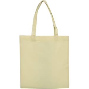 A beige shopping tote bag with two handles and a blank surface, featuring a branding logo.