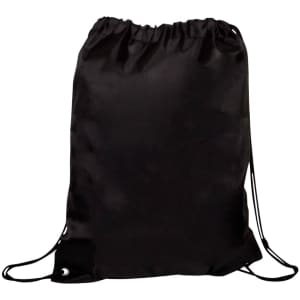 A black drawstring gym bag with adjustable straps and eyelets for fastening. It has a simple, sleek design.