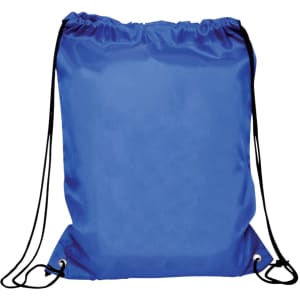 A blue drawstring gym bag with black cords and metal eyelets, featuring a plain design.