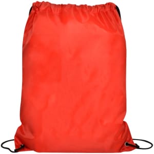 A red gym drawstring bag with black cords, featuring a simple design and a logo.