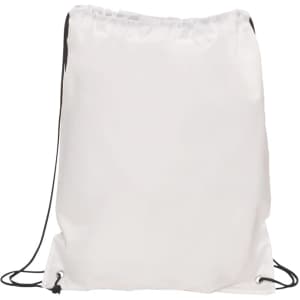 A white drawstring bag with black straps, featuring a simple design and no visible branding.