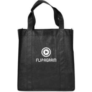 A black shopping tote bag with gusset and double handles, featuring a logo on the front.