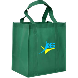 A green shopping tote bag with gusset and two sturdy handles, featuring a logo on one side.