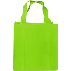 A bright green shopping tote bag with gusset and two sturdy handles. It features a logo on one side.