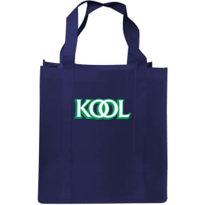 A navy blue shopping tote bag with a gusset and a logo on the front.
