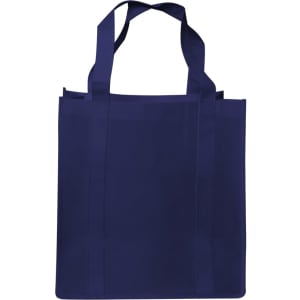 A navy shopping tote bag with a gusset and sturdy handles. It features a simple design with a logo.