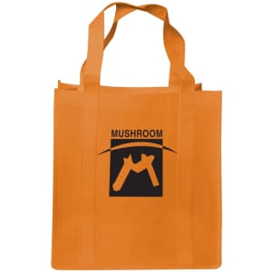 An orange shopping tote bag with a gusset and a logo displayed on the front.