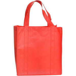 A red shopping tote bag with gusset and two handles, featuring a simple design and a logo.