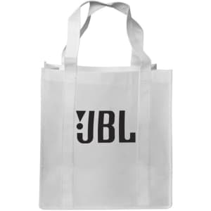 A white shopping tote bag with a gusset and a black logo on one side.