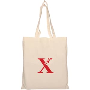 A cream calico tote bag with long handles and a red logo in the centre.