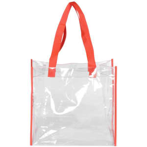 A clear tote bag with red handles, featuring an open interior and stitched edges. It has a logo on one side.