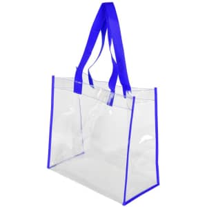 A clear tote bag with blue handles and edges, featuring a simple design and a logo.