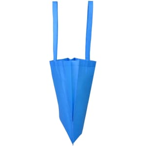 A blue shopping tote bag with a V gusset and two long handles. It features a logo on the front.