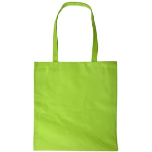 A bright green shopping tote bag with a V gusset and sturdy handles. It features a logo.