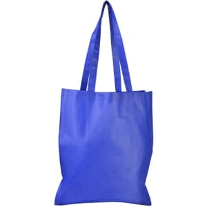 A blue shopping tote bag with long handles and a V gusset at the base. It features a logo.