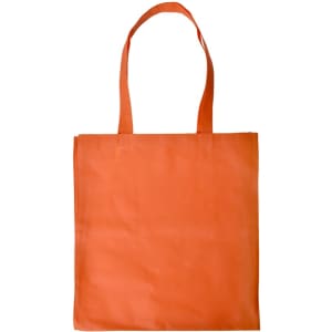 An orange shopping tote bag with long handles and a V gusset design. It features a plain surface and has a logo.