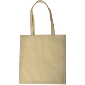 A yellow shopping tote bag with two handles and a V gusset. The bag features a logo on one side.