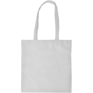 A plain white shopping tote bag with a V gusset and two long handles. It has a logo or branding on it.
