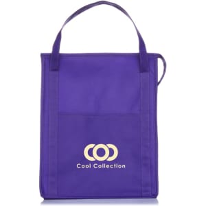 A purple insulated grocery tote with a front pocket and branding on the lower section.