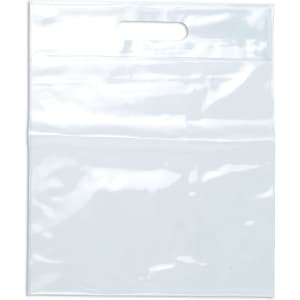 A clear tote bag with a handle, featuring a glossy finish and a transparent design.