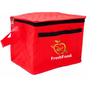 A red insulated cooler bag with a zipper and a front pocket featuring a logo.