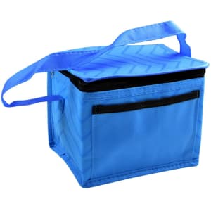 A blue cooler bag with a zippered top and a shoulder strap, featuring a front pocket and a logo.