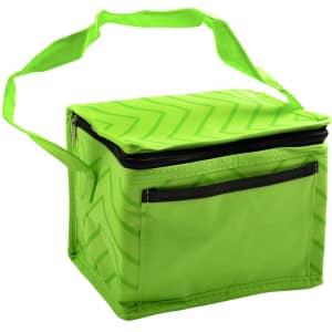 A green lunch cooler bag with a zippered top and an external pocket, featuring a shoulder strap.