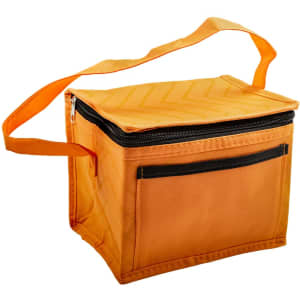 An orange cooler bag with a zip closure and a shoulder strap, featuring a front pocket and branding.