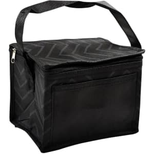 A black insulated cooler bag with a zip closure and a handle, featuring a textured pattern and a front pocket.