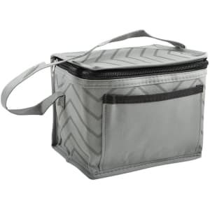 A grey lunch cooler bag with a zip closure and a side pocket, featuring a chevron pattern and carry handle.